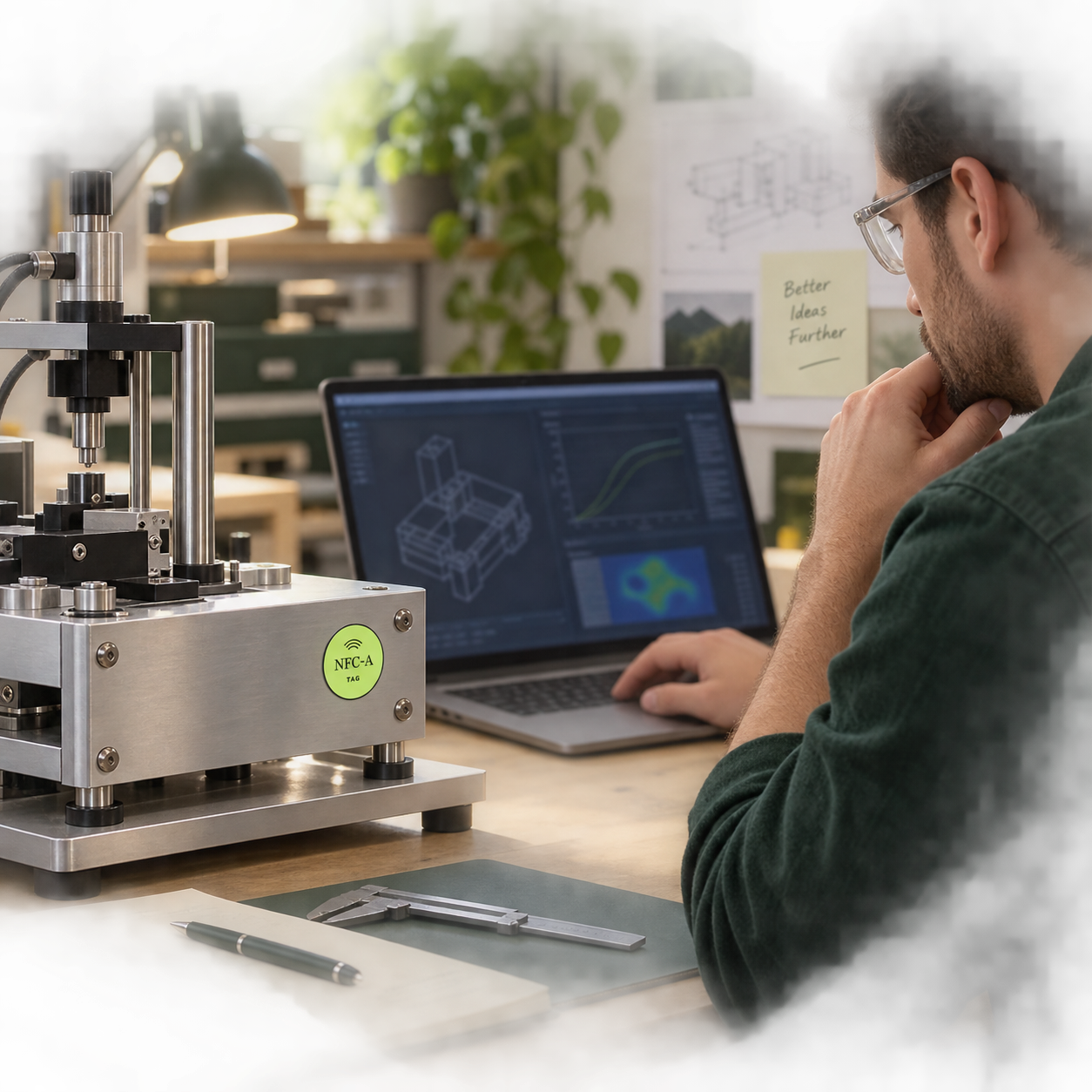 An engineer reviews a generic resource on a laptop beside a nonclinical fixture with an NFC-A TAG coin.
