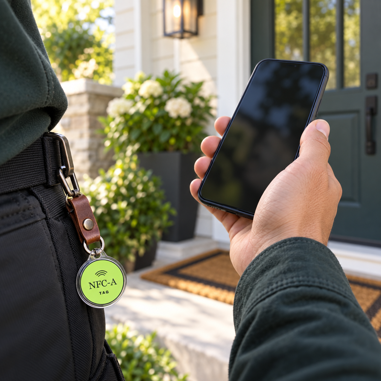 A field representative holds a phone beside an NFC tag in a clear holder at a home's front entry.