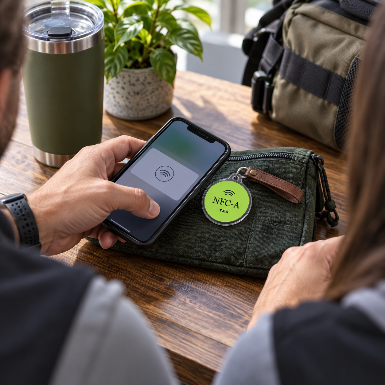 A phone and an NFC tag in a clear holder rest together on a field sales gear pouch.