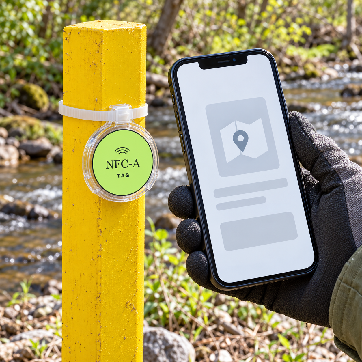 A field worker holds a phone beside a 30 mm NFC tag attached to a sample-point marker near a stream; the clear holder and tie are illustrative and not included.