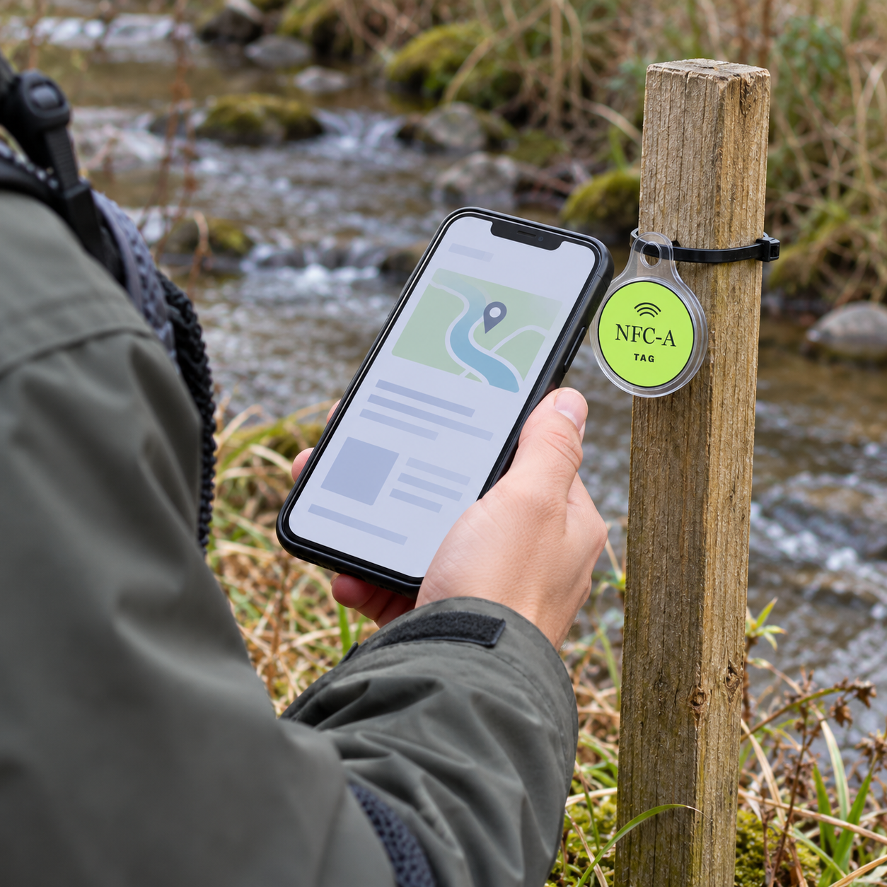 A phone with a generic site-map screen is held beside a 30 mm NFC tag on a field marker; the holder and cable tie are illustrative only.