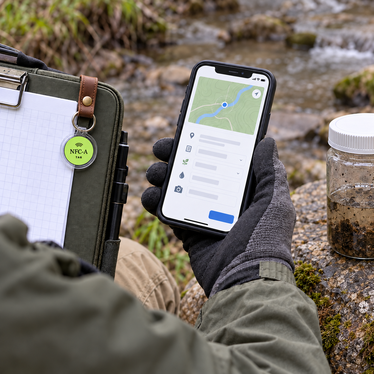 Field worker checks a sampling map on a phone beside a 30 mm NFC tag on a field clipboard.