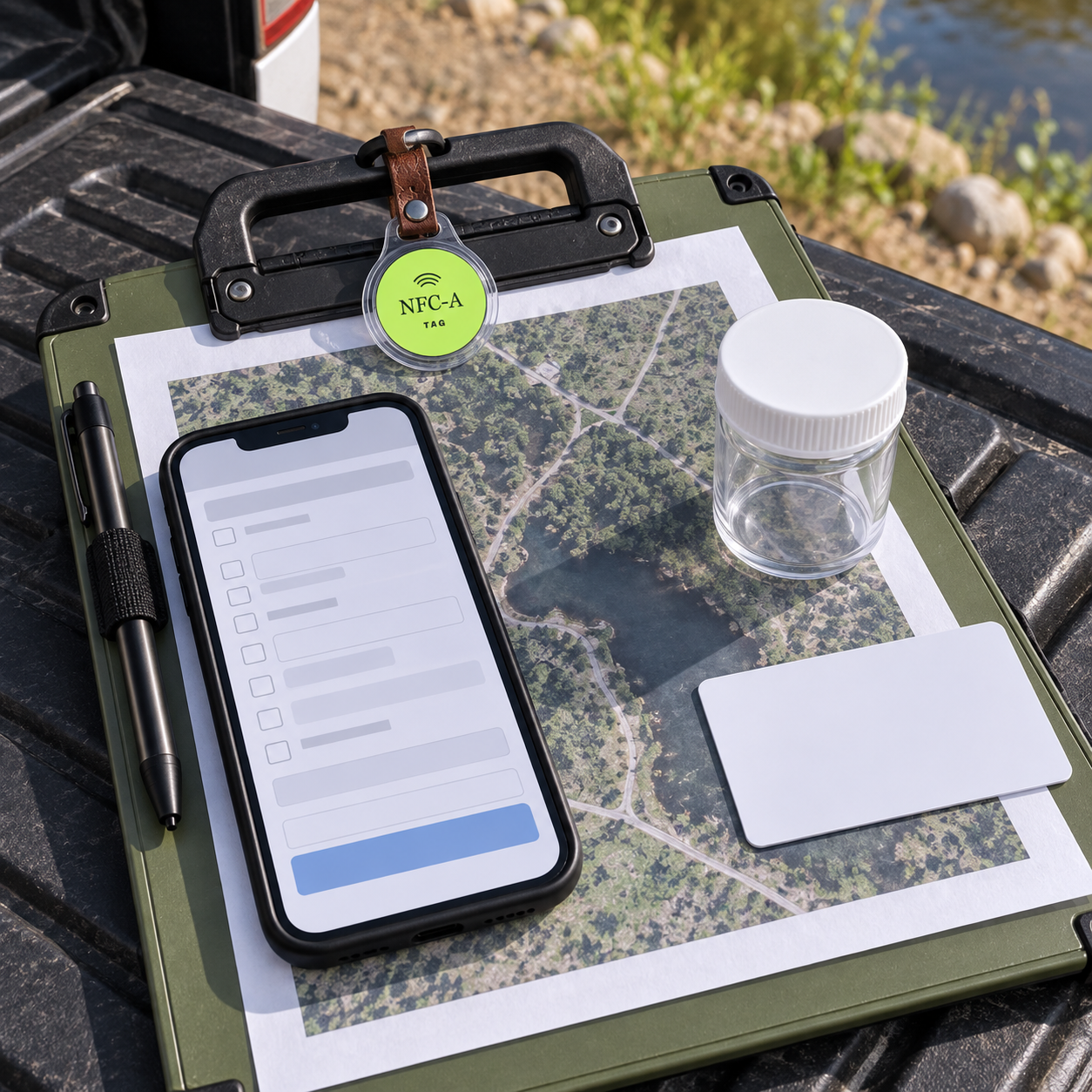 Weatherproof NFC tags and a field documentation card sit beside a clipboard, map, phone, and unmarked sample jar.