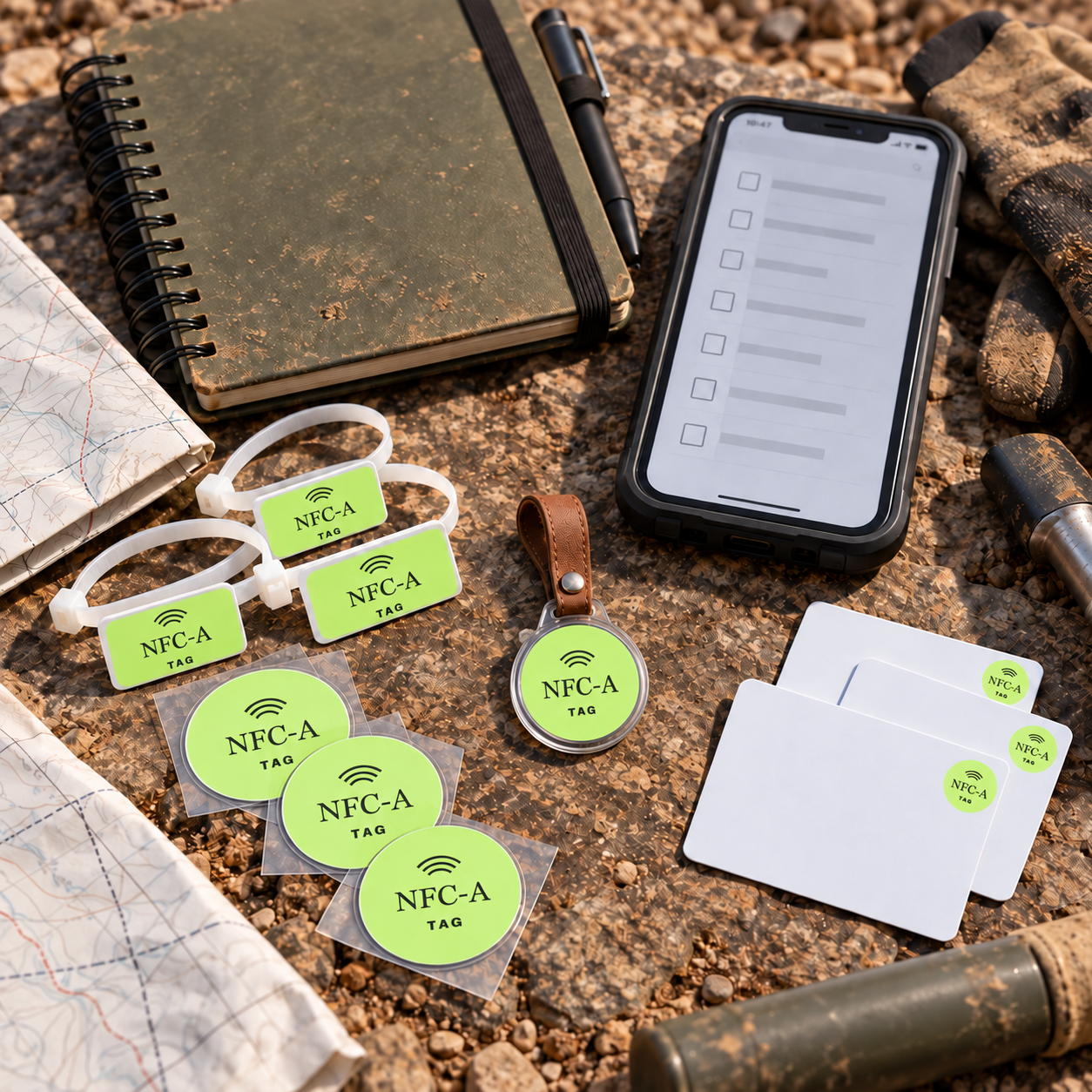 Cable-tie tags, weatherproof adhesive tags, and rigid NFC cards arranged beside a field notebook and phone.