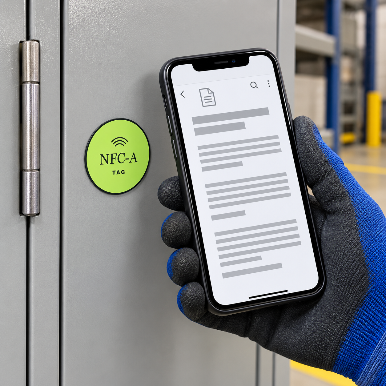 A gloved worker holds a phone with a generic document page beside an NFC tag mounted on a closed storage cabinet.