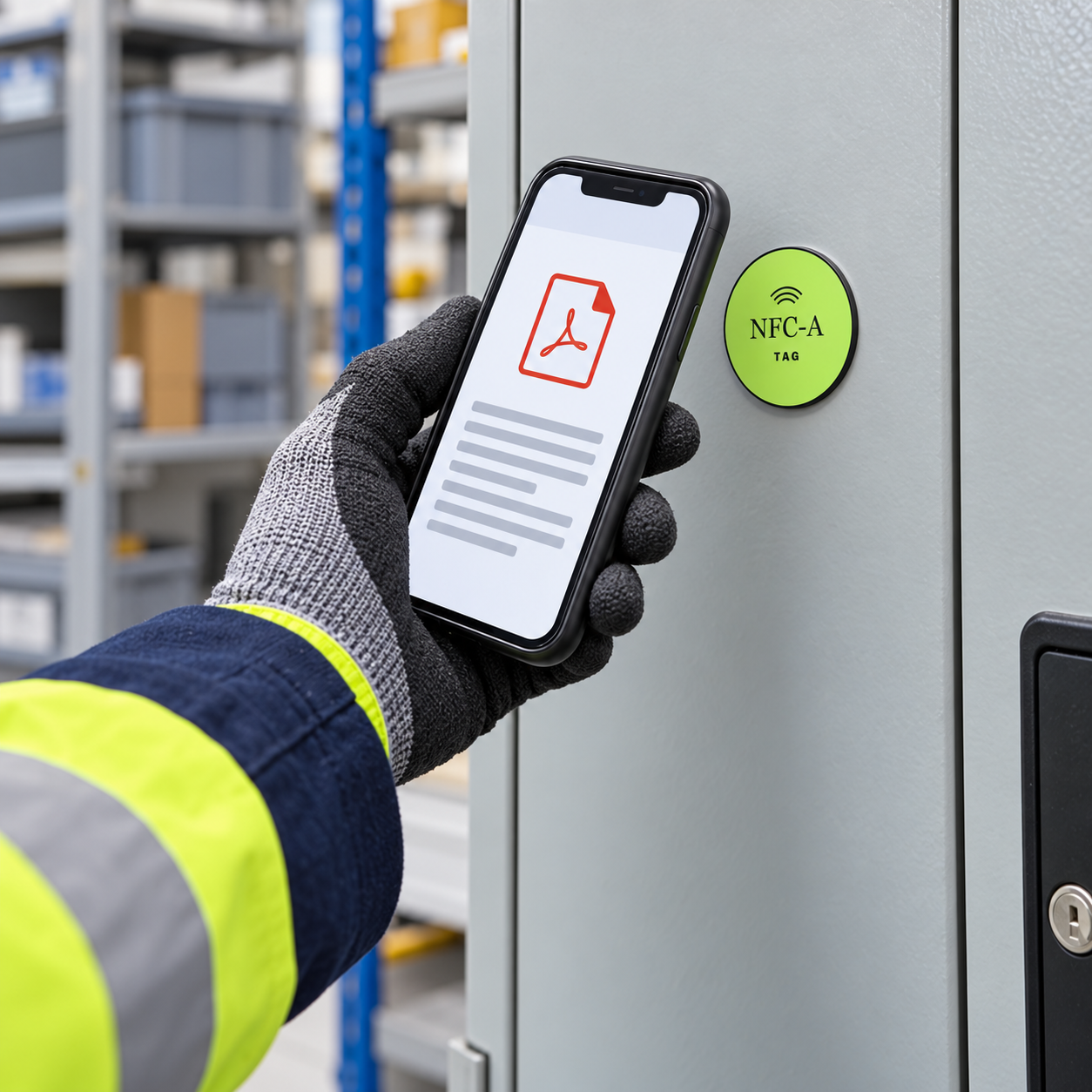 A phone showing a generic PDF icon is held beside an NFC tag on a cabinet near a workplace storage area.