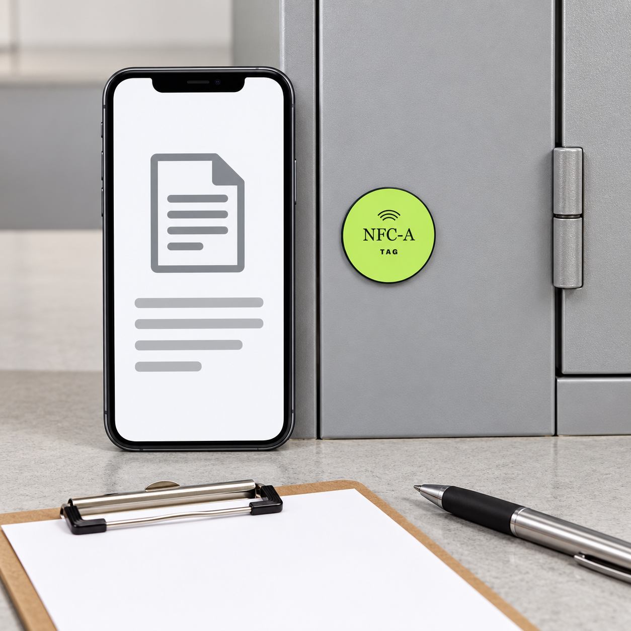 A lime NFC tag on a closed cabinet sits beside a phone displaying a generic document icon.