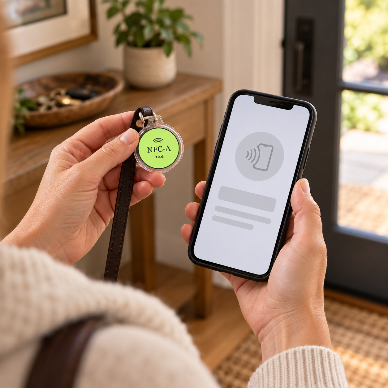 A family helper taps a lime NFC-A TAG coin in a clear holder beside a phone with generic contact-page placeholders; holder is shown as a prop.