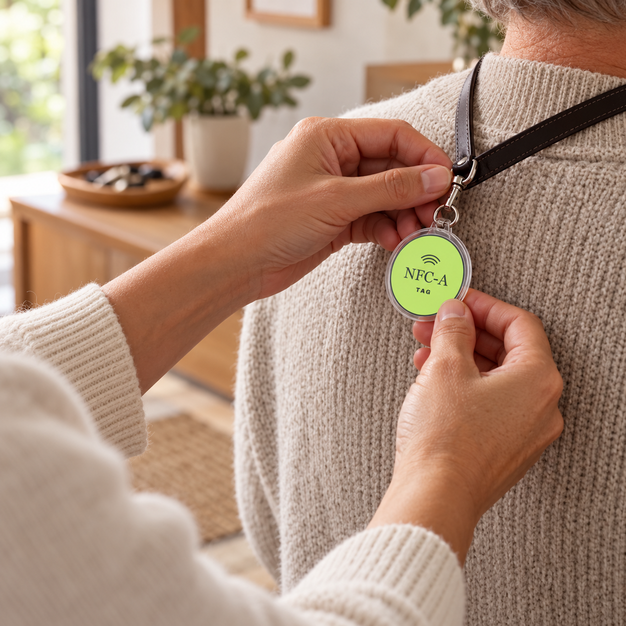 Hands demonstrate a small lime NFC-A TAG coin in a clear holder on a leather lanyard; holder and lanyard are styling props and are not included unless selected.