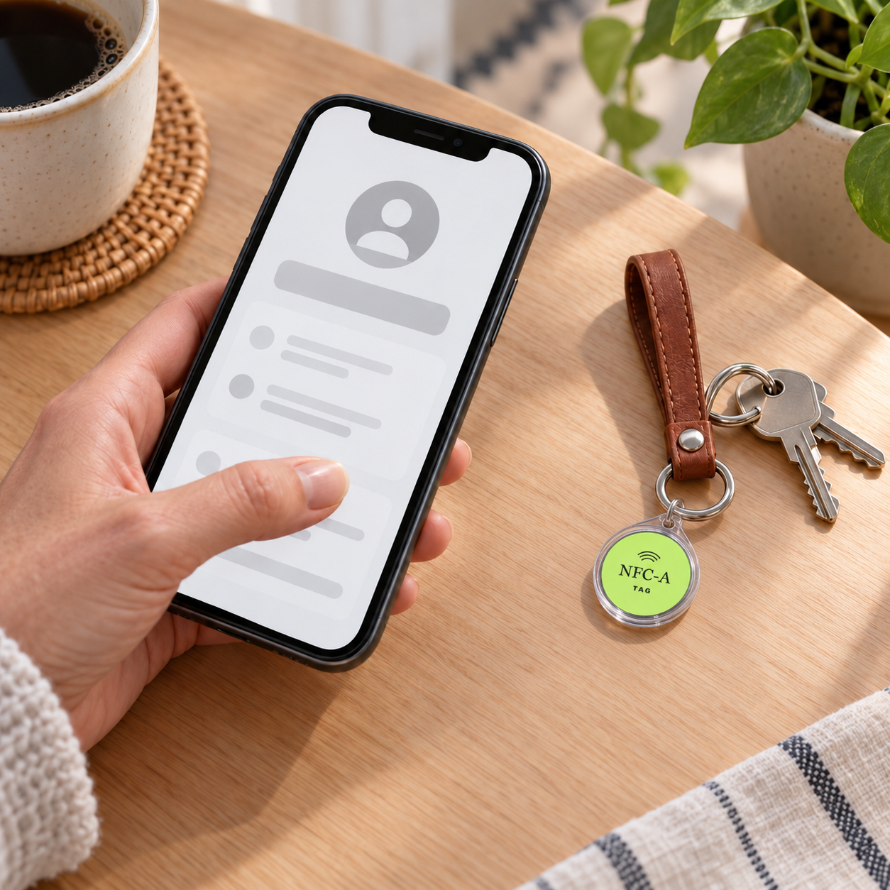 A 30 mm lime NFC-A TAG coin in a clear holder beside a smartphone showing generic family contact placeholders; clear holder is an optional prop.