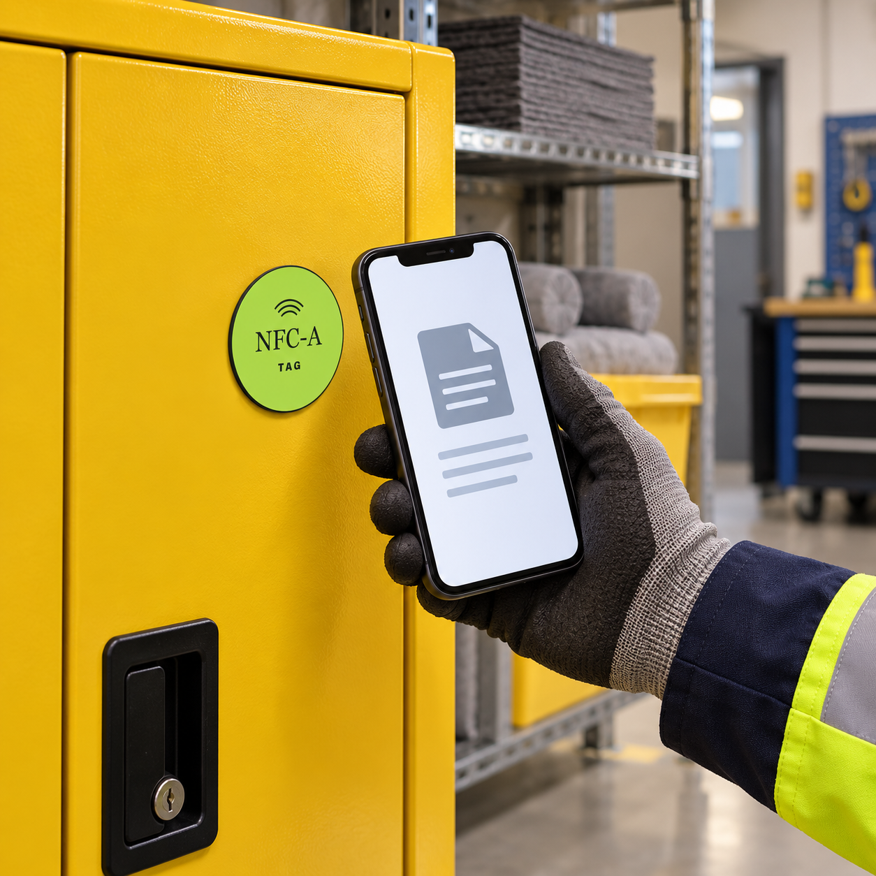 A gloved worker holds a phone beside an NFC tag on a closed workplace response cabinet.