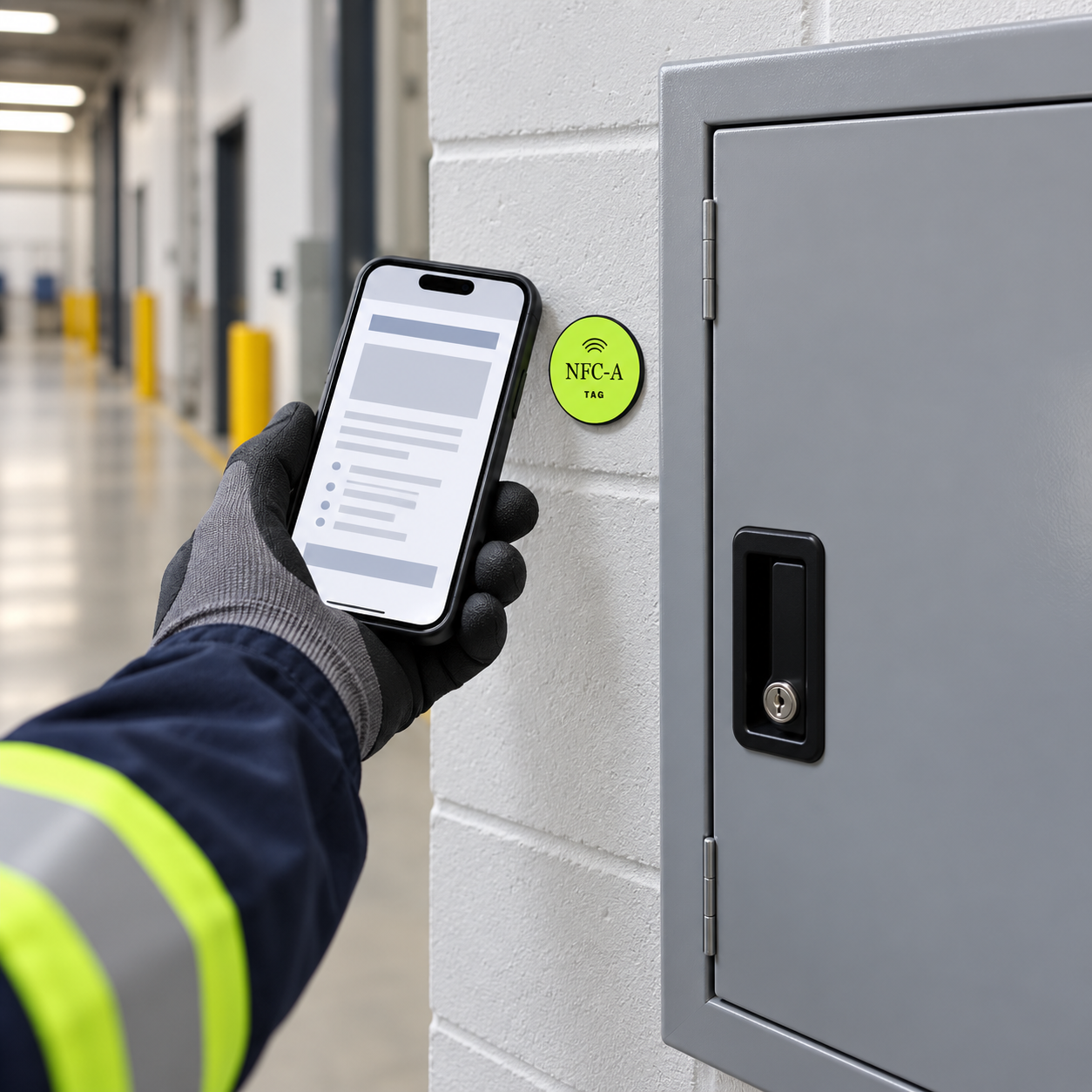 A phone with a generic document screen is held beside an NFC tag at a closed response station.