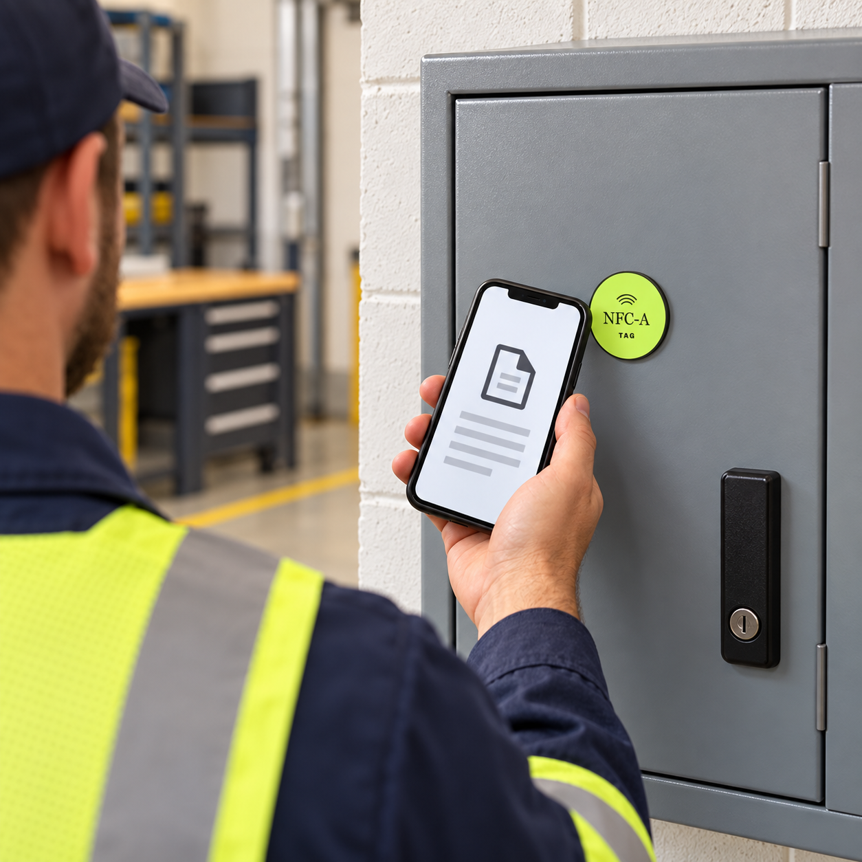A worker seen from behind holds a phone near an NFC tag on a closed workplace response cabinet.