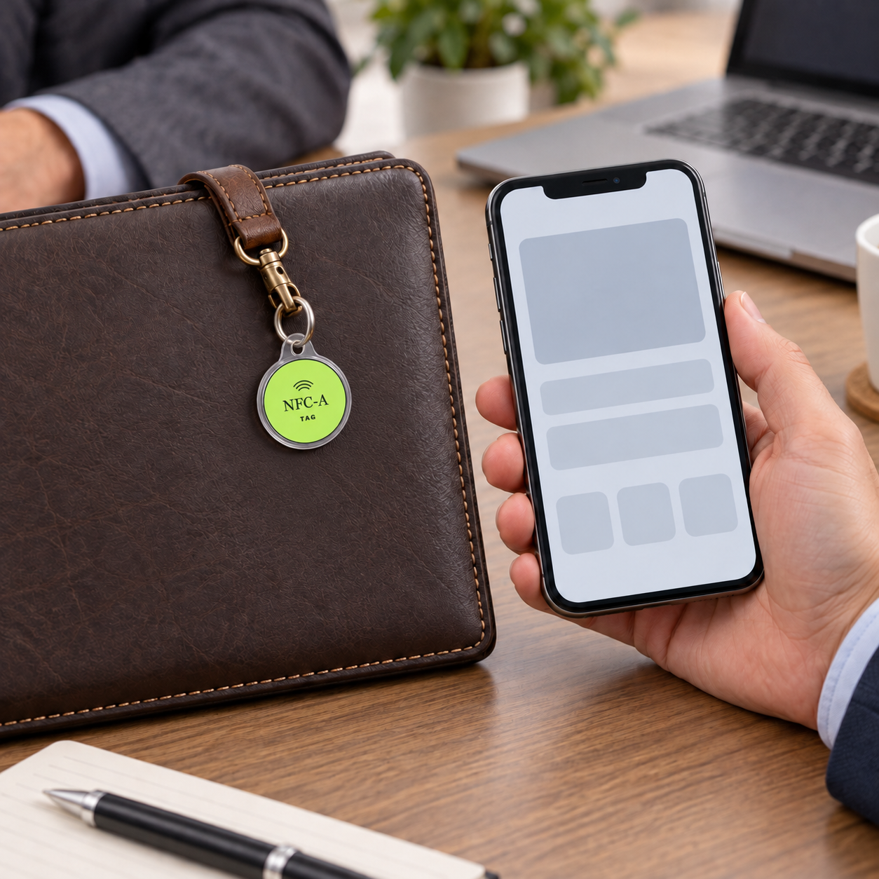 A 30 mm NFC-A TAG coin in a clear sleeve hangs from a leather implementation folio beside a phone displaying a generic resource index.