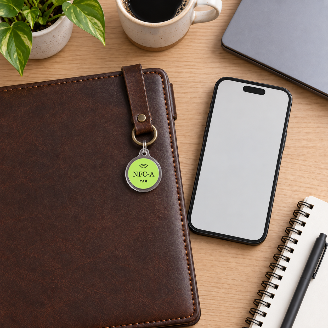 A 30 mm NFC-A TAG coin on a shared folio beside a phone and blank onboarding checklist.