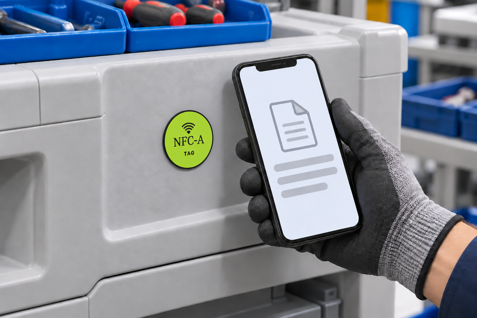 A worker holds a phone with a generic document icon beside a lime NFC-A Tag coin on a matte polymer workcell panel.