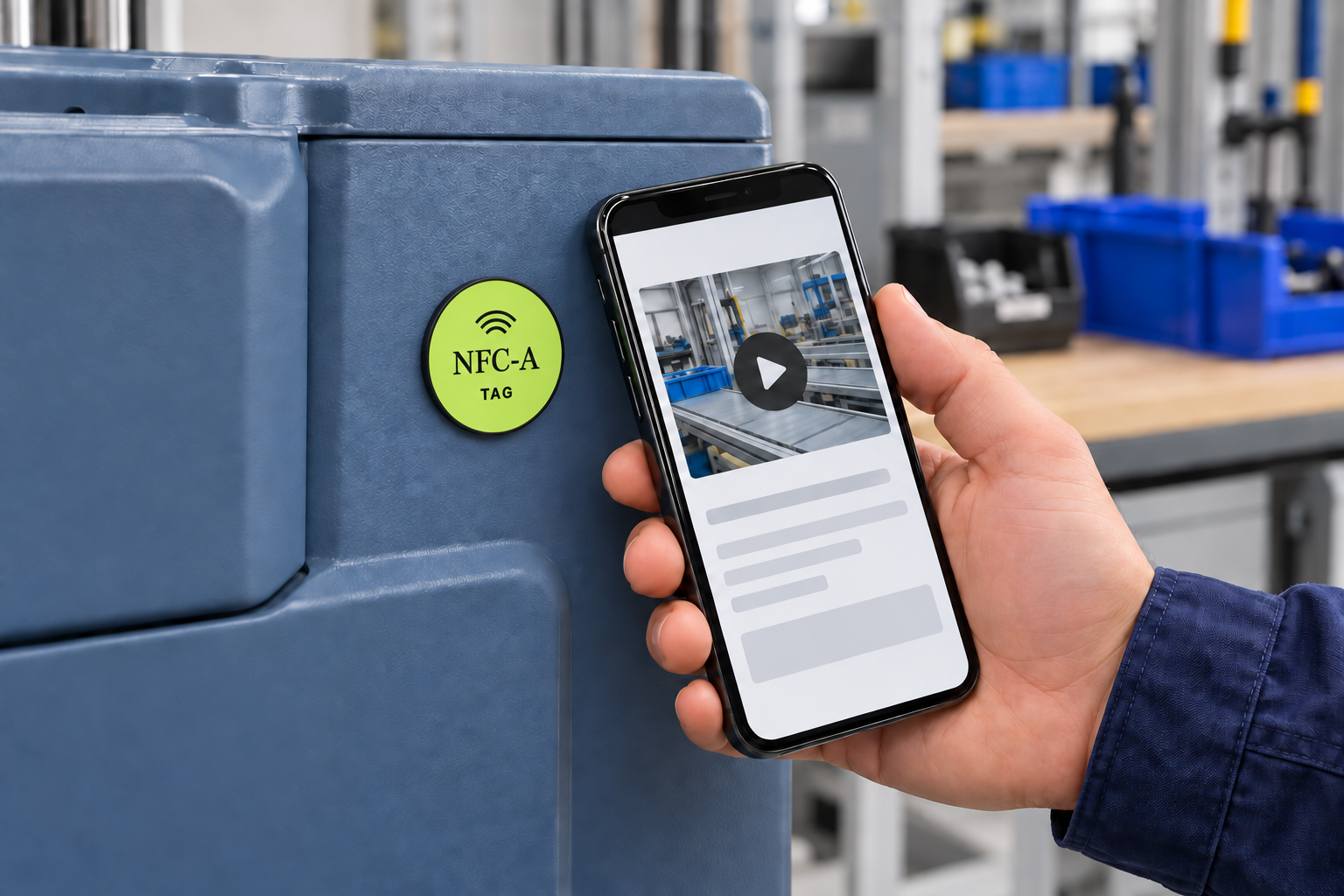 A worker holds a phone with a generic video resource beside a lime NFC-A Tag coin on a matte plastic work surface.
