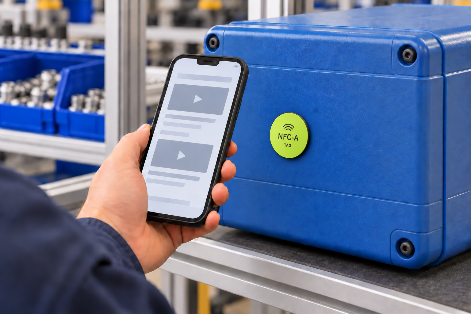 A worker views generic video and document placeholders on a phone beside a lime NFC-A Tag coin on a matte polymer workcell panel.
