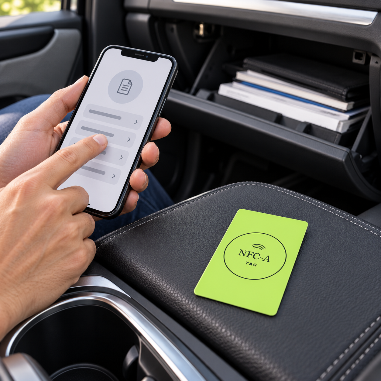 A lime-green NFC tag card beside a phone displaying a generic vehicle information page.