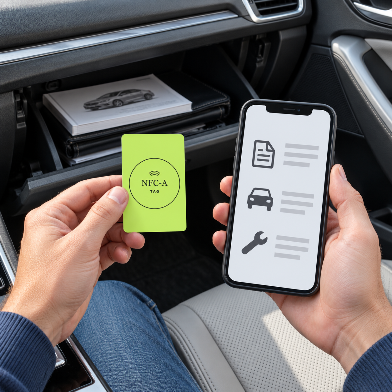 A driver reviews general vehicle information on a smartphone beside a parked car.