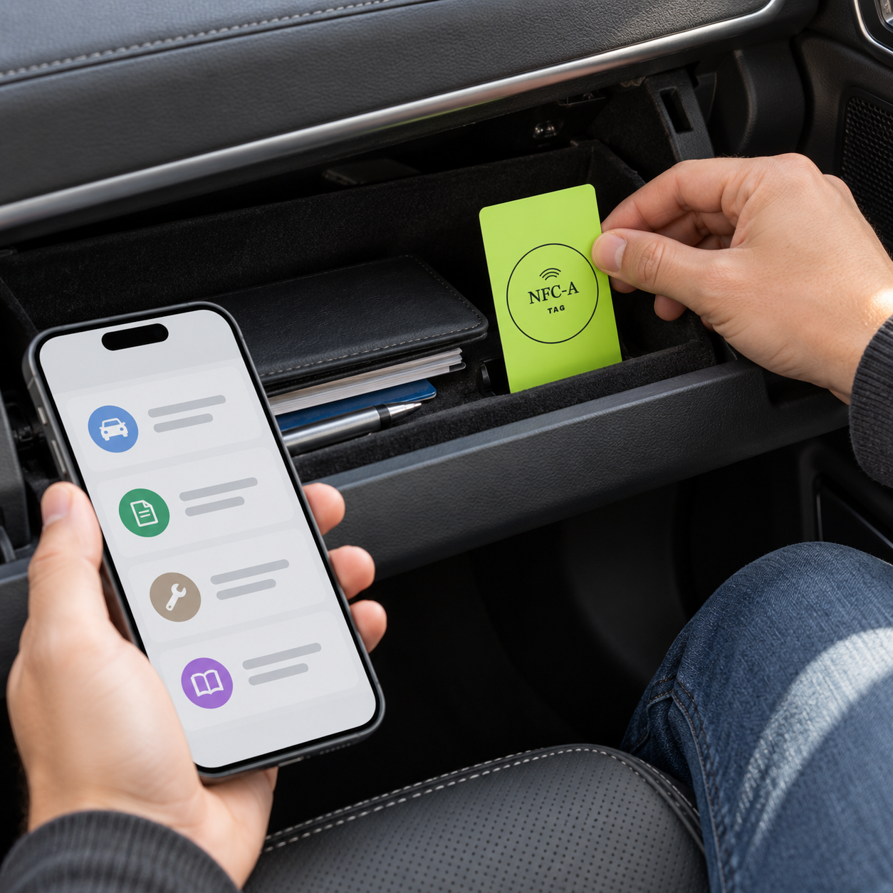 A phone is tapped on the NFC tag card while the vehicle is parked.