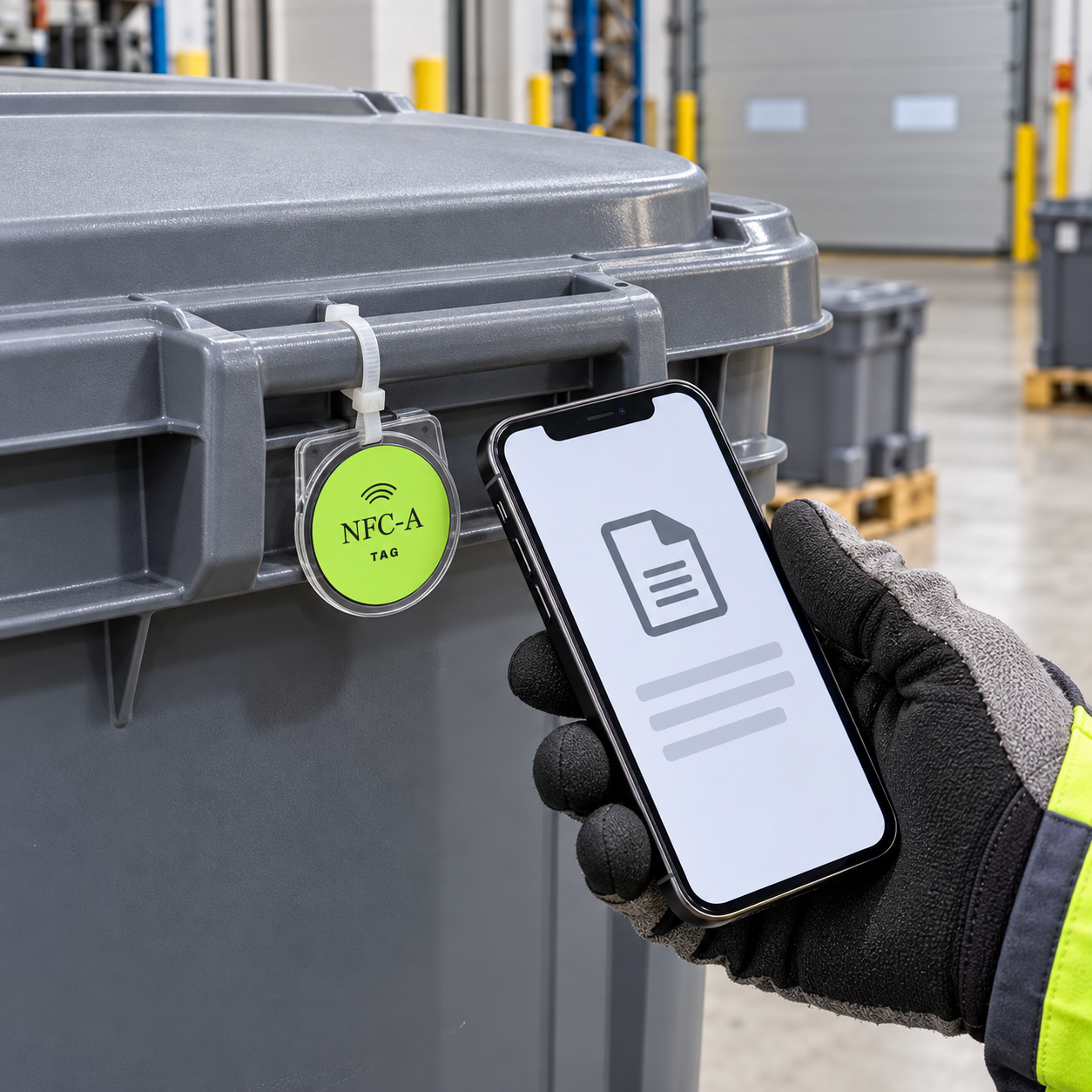 A worker holds a phone beside a 30 mm NFC-A Tag coin in a clear holder tied to a clean, closed container; the holder and tie illustrate placement and are not included.