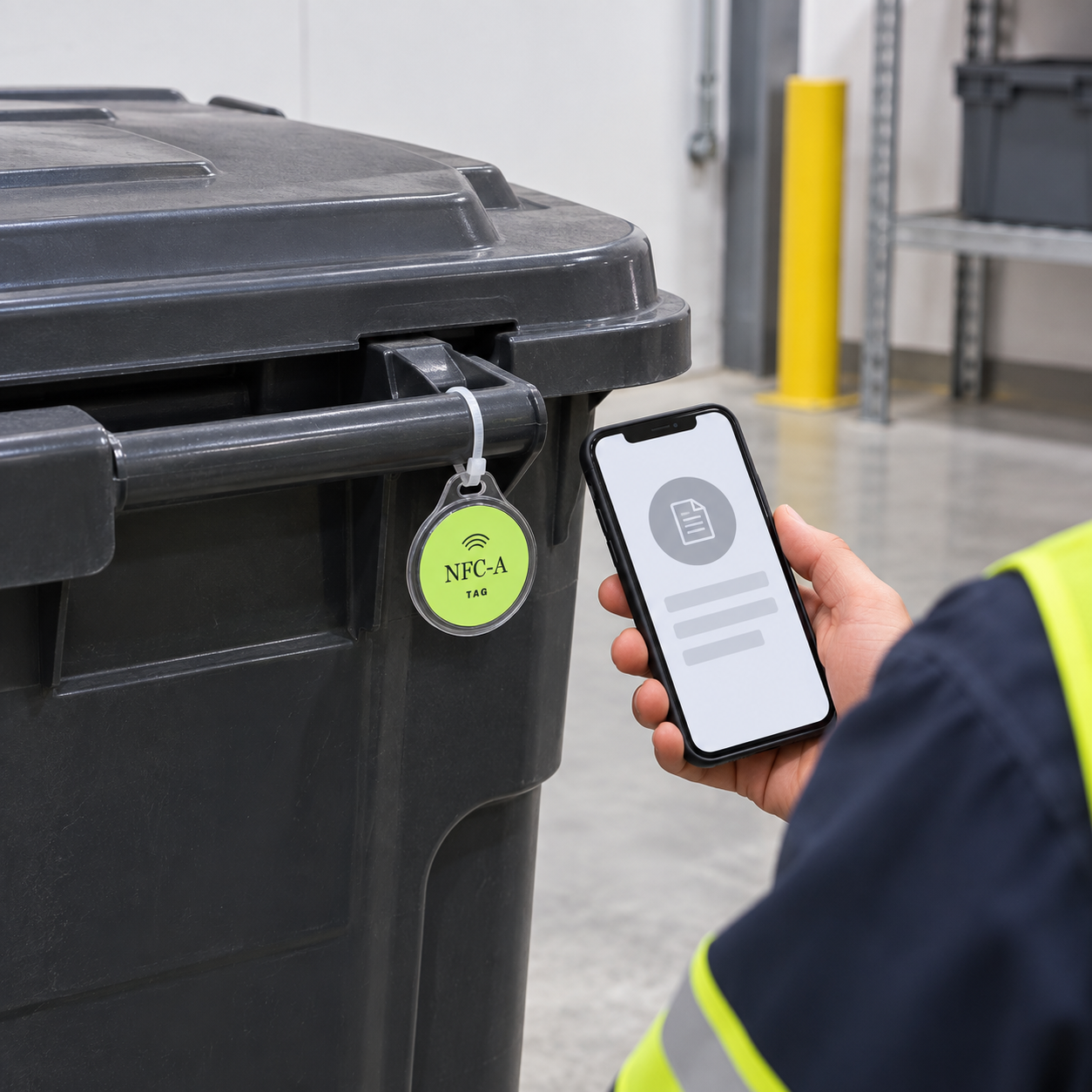 A worker holds a phone beside a 30 mm NFC-A Tag coin in a clear holder on a closed workplace container; no holder is included.